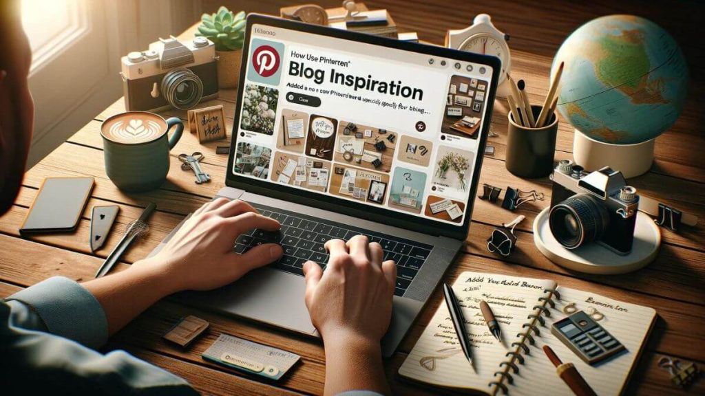 A photorealistic image depicting a blogger at their workspace, using a laptop to create a new Pinterest board specifically for their blog content. The screen should clearly show the Pinterest interface with the action of adding a new board titled 'Blog Inspiration'. Include elements that suggest blogging, such as a notebook with blog post ideas, a cup of coffee, and a camera. The image should visually convey the concept of 'How to Use Pinterest for Blogging' in a cohesive and inviting workspace setting.