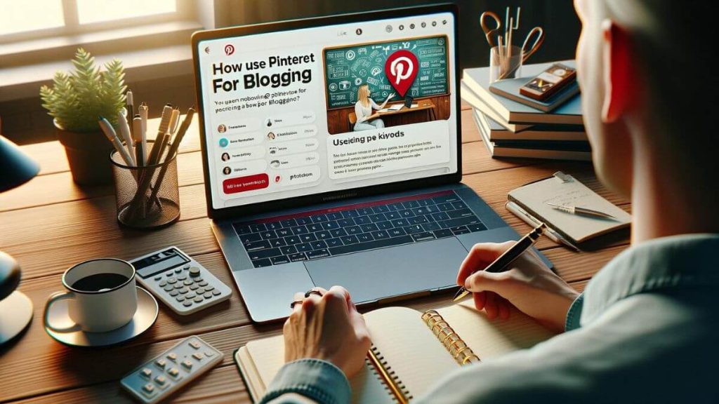 A photorealistic image depicting a blogger attending a Pinterest webinar or online workshop on a laptop, aimed at enhancing their Pinterest skills for blogging. The screen should show a live session with tips on optimizing Pinterest for blog traffic, such as using keywords and creating engaging pins. The blogger should be taking notes, with a visible interest and focus on learning. The setting should include a comfortable and well-organized desk space, with blogging tools and resources at hand, embodying the theme of 'How to Use Pinterest for Blogging' through continuous education and skill development.