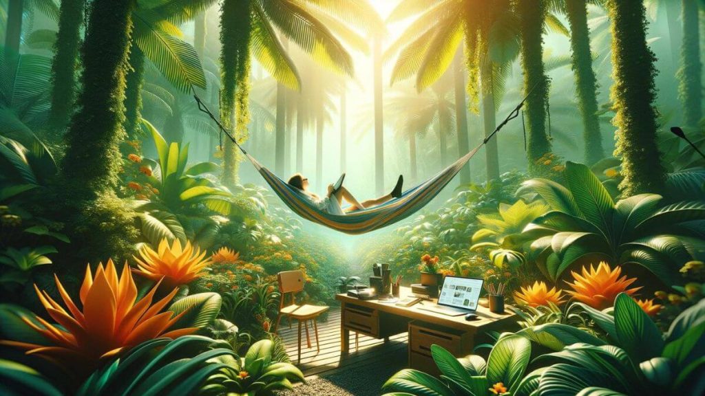 The third image features a blogger lounging in a hammock with their laptop in a lush, tropical garden, a perfect representation of the work-life balance and financial stability afforded by a blogging career. The scene is drenched in sunlight, with vivid greens from the surrounding foliage and bright colors from flowers and the blogger's attire, symbolizing the vibrant and fulfilling lifestyle of a blogger. This setting starkly contrasts with the monotonous and uninspiring office environment of regular jobs, emphasizing the theme 'Blogging Career Stability vs Regular Jobs' in a visually striking manner.