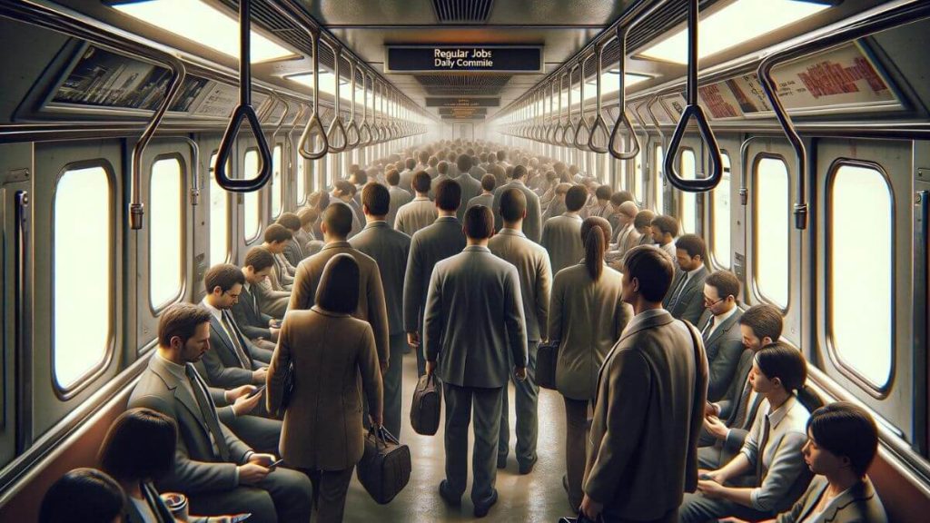 The fourth image illustrates the daily grind of regular job employees during their morning commute, captured in a crowded subway car filled with people heading to work. The atmosphere is tense and cramped, highlighting the often stressful and monotonous aspects of traditional employment. The image is rendered in muted tones and tight framing to emphasize the confined space and lack of personal freedom. 'Regular Jobs: Daily Commute' is subtly incorporated into the image, continuing the realistic and thematic consistency of the series.