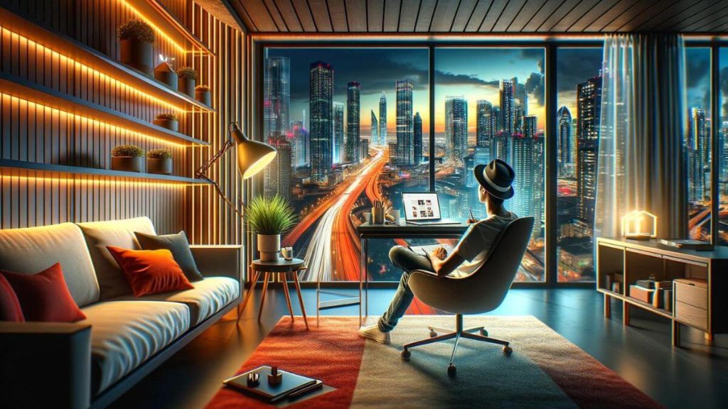 The sixth image captures a blogger enjoying the luxury of working from a high-rise apartment with a panoramic city view. The interior is modern and stylish, with large windows that allow natural light to flood in, highlighting the vibrant colors of the cityscape. The blogger's workspace is a sleek, minimalist setup with a high-end laptop, symbolizing the lucrative aspect of blogging. Bright and attention-grabbing colors in the apartment decor contrast with the lively city lights outside, emphasizing the theme 'Blogging Career Stability vs Regular Jobs' and showcasing the financial success and freedom of choice inherent in blogging.