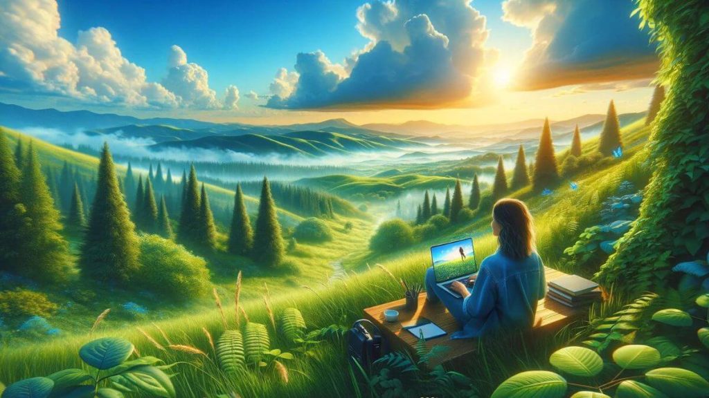 The seventh image captures a blogger's freedom to work in the tranquility of nature, showing a person seated on a grassy hilltop with their laptop, overlooking a breathtaking landscape. This idyllic setting underscores the personal fulfillment and connection to the natural world that blogging can offer. The image is filled with vibrant greens and blues, creating a sense of peace and space. 'Blogging Career: Nature as Your Office' is beautifully integrated into the landscape, aligning with the series' photorealistic style and thematic narrative.