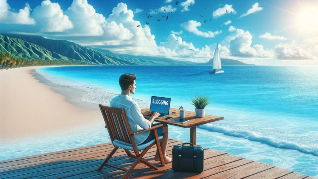 Create a photorealistic image of a blogger working from a scenic beachfront, laptop in hand, with the ocean's vast expanse in the background. The blogger appears serene and focused, embodying the freedom and flexibility that a blogging career offers. The scene is vibrant with the blues of the ocean and sky contrasting against the sandy beach, emphasizing the lifestyle and work environment possibilities outside the confines of regular jobs. The image description should include the keyword 'Blogging Career Stability vs Regular Jobs' to highlight the contrast between the liberating nature of blogging and the restrictions of traditional employment.