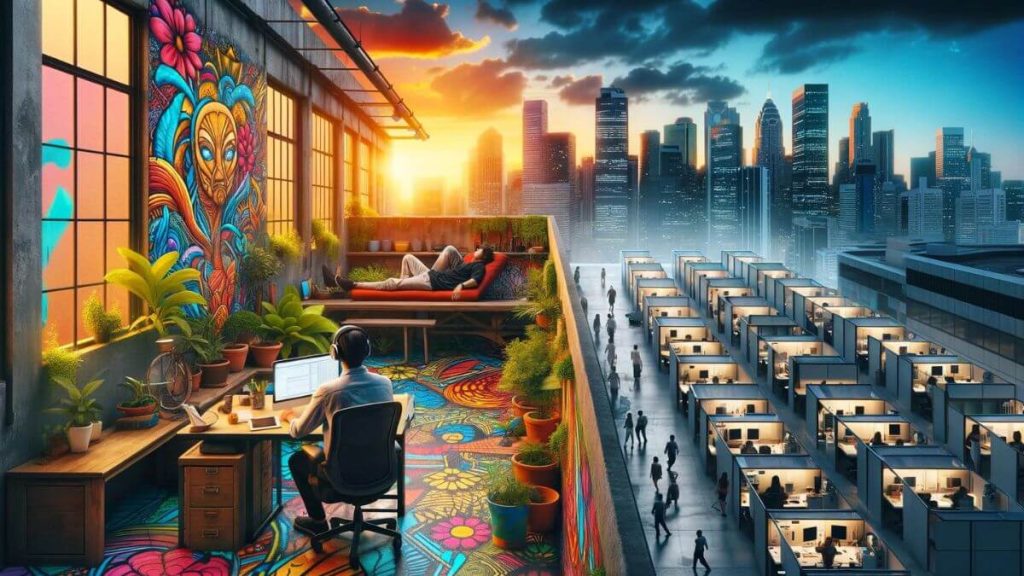 A visually striking split-view image illustrating the theme of 'Escaping 9-to-5'. On the left, a relaxed individual works from a vibrant and artistic urban rooftop, surrounded by plants and urban art, enjoying the freedom and creativity of remote work. The city skyline stretches out in the background, bathed in the golden light of late afternoon. On the right side, the same person is depicted in a bustling, grey office environment, trapped in a sea of cubicles under the sterile glow of fluorescent lights, looking drained and confined. This image captures the stark contrast between the vibrant, autonomous lifestyle of remote work and the monotonous, restrictive nature of traditional office jobs.