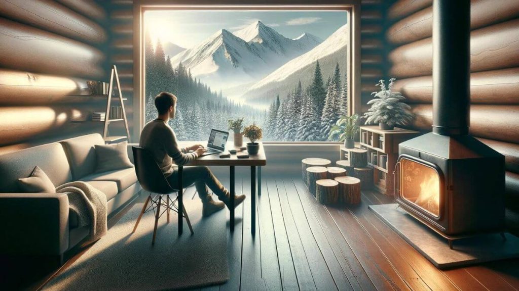 An image depicting a person in a cozy mountain cabin, sitting by a large window with a panoramic view of the snow-capped mountains. The person is engaged in blogging on a sleek laptop, surrounded by a warm, inviting atmosphere with a fireplace nearby. This setting represents a serene escape from the hustle and bustle of a 9-to-5 job, where one can find peace and inspiration in nature. The scene emphasizes 'Blogging as an Escape from 9-to-5', showcasing the freedom to choose one's work environment and the therapeutic effect of connecting with nature while engaging in creative work.