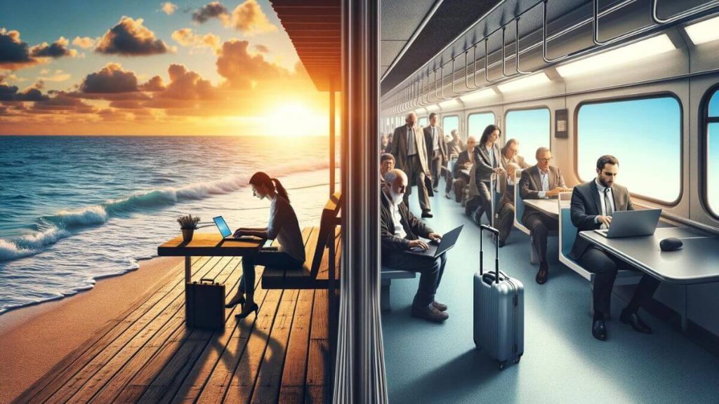 A conceptual split-image illustrating two contrasting work environments. On the left, a person enjoys the calm of an early morning at a seaside location, working on a laptop with the sunrise and gentle waves in the background, symbolizing the tranquility and flexibility of escaping the traditional work schedule. On the right, the same individual is caught in the rush of a crowded commuter train, trying to balance a laptop on a cramped tray table, surrounded by other weary commuters, depicting the stress and haste of the daily 9-to-5 grind. This image starkly contrasts the peaceful remote work setting with the hectic routine of commuting to an office job.