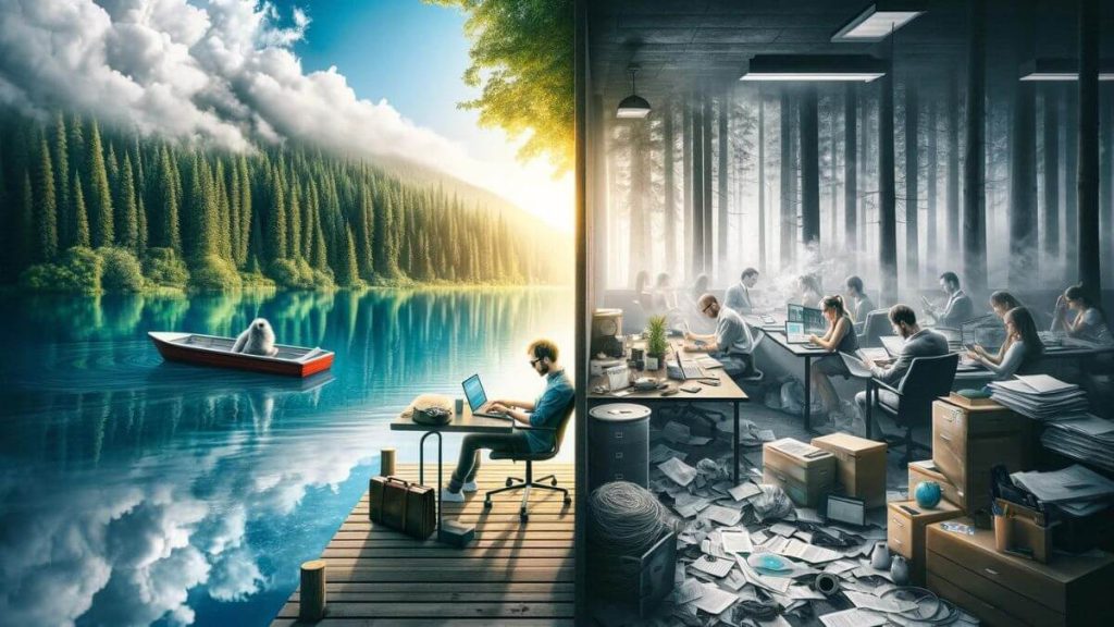 A visually engaging split-view image illustrating the contrast between two work settings. On the left, a person is shown working from a serene lakeside, sitting on a dock with a laptop, immersed in the tranquility and beauty of nature, symbolizing the liberation and peace of remote work. The lake and surrounding trees provide a perfect backdrop for creativity and deep work. On the right, the same person is depicted in a noisy, cluttered office break room, hurriedly eating lunch while catching up on work emails on a smartphone, representing the hectic and unrelenting pace of a traditional 9-to-5 job. This image starkly contrasts the calm and fulfillment of 'Escaping 9-to-5' with the chaos of office life.
