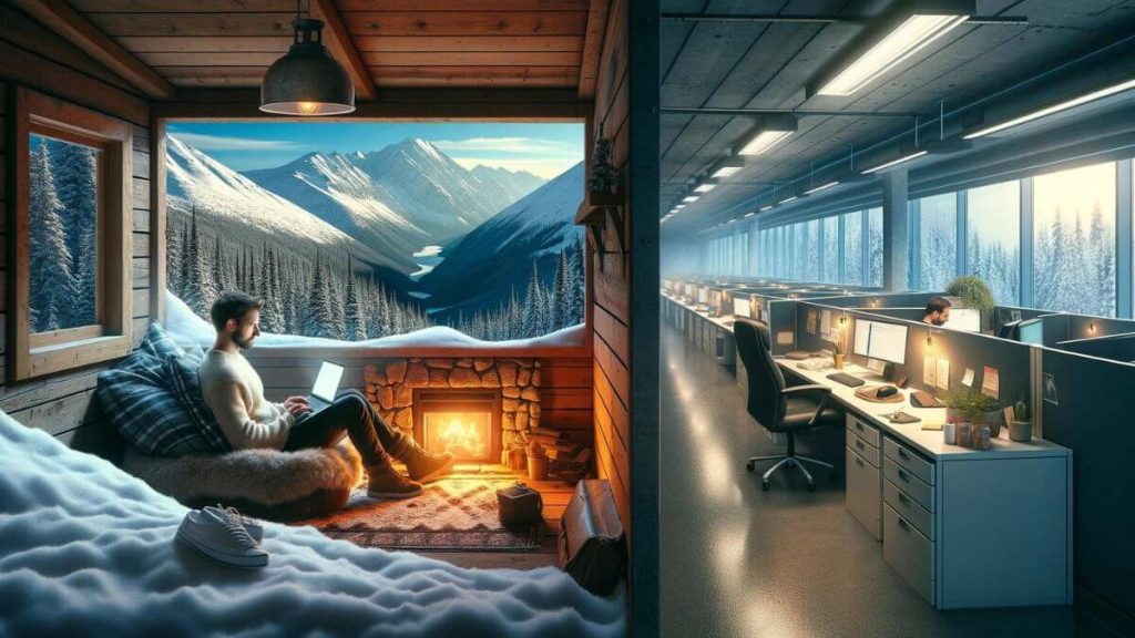 A split-view image showcasing on one side, a person sitting at a cozy mountain retreat, with a breathtaking view of snow-covered peaks, typing away on a laptop by a warm fireplace. This scene reflects the solitude, beauty, and focus that remote work can offer, epitomizing 'Escaping 9-to-5'. On the other side, the same individual is crammed into a small, windowless office cubicle, surrounded by a maze of similar cubicles, under harsh fluorescent lighting, indicative of the restrictive and monotonous nature of traditional office jobs. The comparison underscores the contrast between the freedom of remote work and the constraints of a 9-to-5 work environment.
