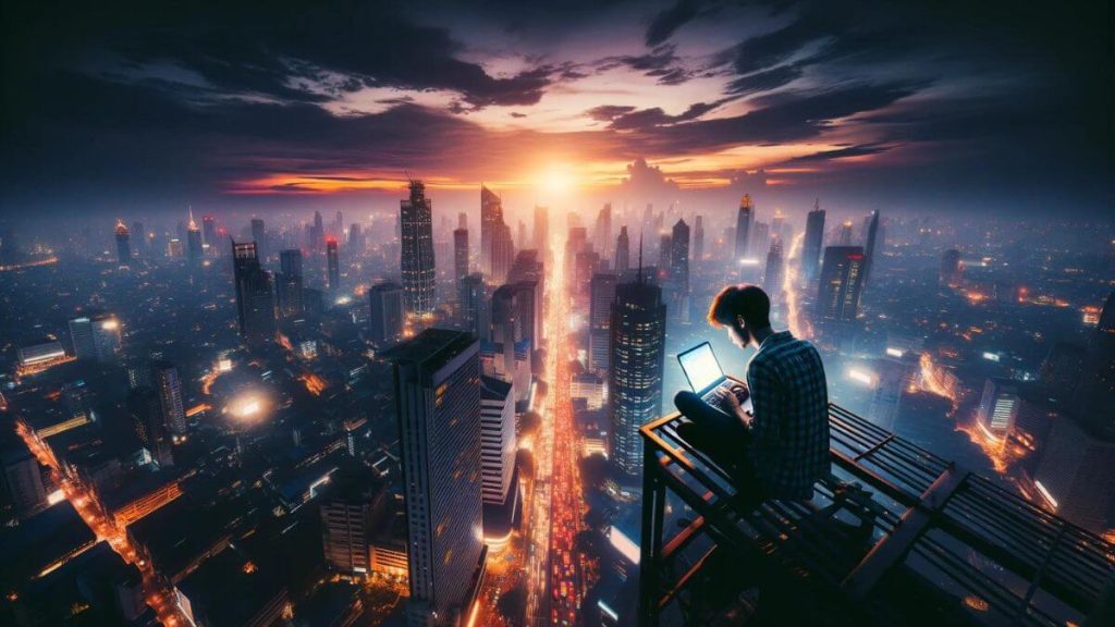 A captivating image of a person perched atop a skyscraper in a bustling city at twilight, laptop in front, immersed in blogging. The city lights below and the fading daylight create a dramatic and inspiring setting, emphasizing the contrast between the solitary creative pursuit and the busy world below. This scenario reflects 'Blogging as an Escape from 9-to-5', portraying blogging as a way to rise above the daily grind and find one's own space and rhythm in the midst of urban chaos. The person's engagement with the blog signifies a personal journey of expression and connection, untethered by conventional work environments.