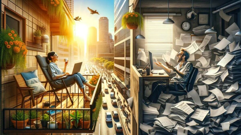 An image presenting a dual scenario. On one side, an individual is seen enjoying work from a sunny balcony overlooking a bustling street, laptop at hand, illustrating the joys and autonomy of remote work. The setting is casual and uplifting, with a cup of coffee and a notepad beside the laptop, highlighting a relaxed work pace. On the opposite side, the same person is squeezed into a tight, overcrowded office space, with a look of exhaustion, surrounded by mounds of paperwork and a noisy environment, showcasing the stressful and confining nature of a 9-to-5 job. The image captures the essence of 'Escaping 9-to-5', contrasting the freedom and pleasantness of working remotely with the limitations of traditional office work.