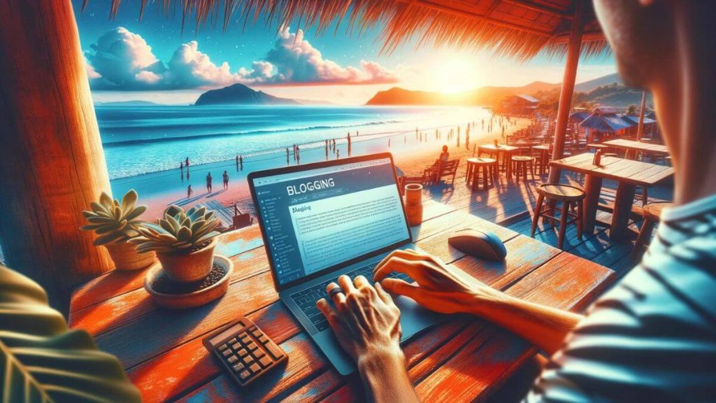 A vibrant image showing a person at a beachside café, typing away on a laptop with a view of the ocean in the background. The scene conveys a sense of freedom and inspiration, with the person deeply immersed in blogging, crafting stories that resonate with their experiences and travels. The laptop screen features a blogging platform, symbolizing the person's commitment to sharing their journey and insights with a wider audience. This setting illustrates the liberating aspect of 'Blogging as an Escape from 9-to-5', highlighting the ability to work from anywhere and embrace a lifestyle driven by passion and creativity.