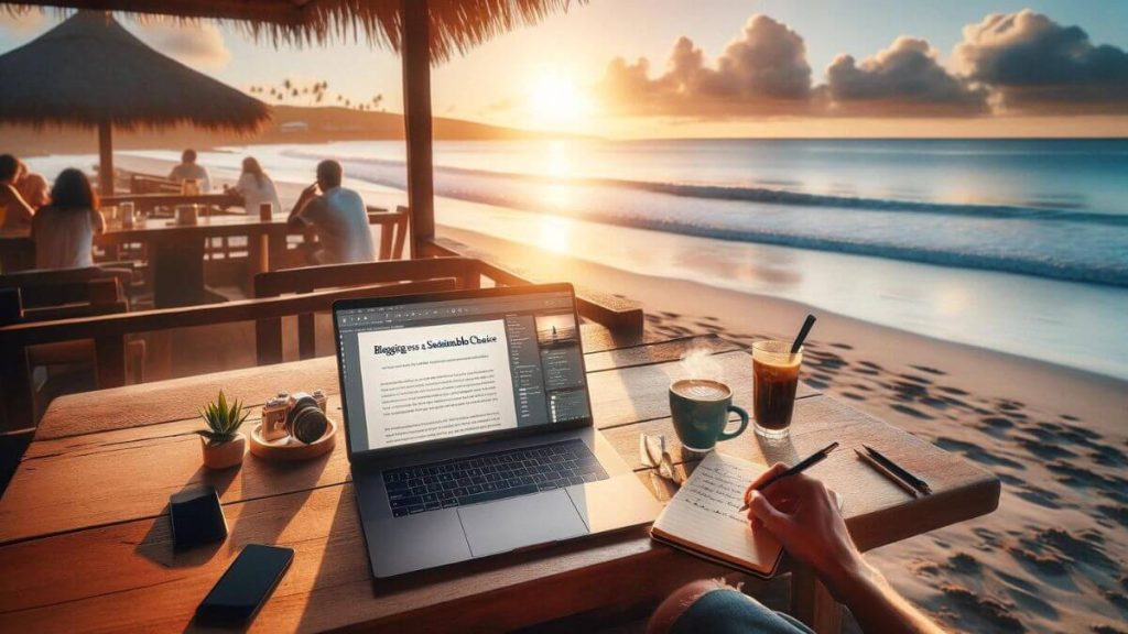 An early morning scene at a beachside café, with a blogger working on a travel post. The laptop screen shows a draft titled 'Blogging as a Sustainable Career Choice'. The sea breeze, the sound of waves, and the rising sun create a tranquil yet energizing atmosphere for creative work. A fresh cup of coffee and a notepad with travel notes are on the table, blending work with the beauty of nature.