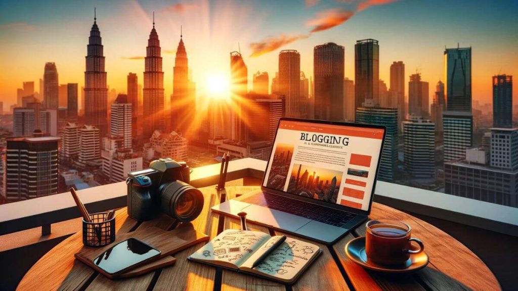 An urban rooftop setting at sunset, with a blogger capturing the cityscape with their camera. The laptop is open on a small table, displaying a vibrant blog page titled 'Blogging as a Sustainable Career Choice'. The backdrop features iconic city buildings under the warm glow of the setting sun, symbolizing the endless possibilities and perspectives that blogging can uncover. A notepad with scribbled ideas and a cup of tea suggest a blend of relaxation and productivity.