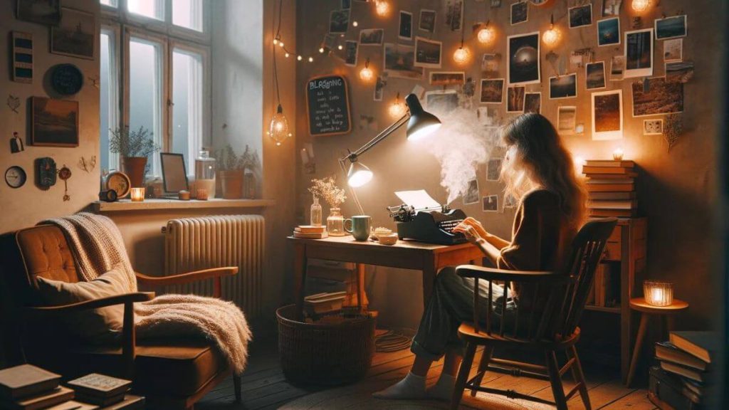 An intimate evening setting in a small, cozy apartment where a blogger is engaged in writing a heartfelt post. The room is softly lit by string lights and a desk lamp, creating a warm and inviting atmosphere. A comfortable armchair, a stack of books, and a steaming mug of tea accompany the blogger, who is typing away on a vintage typewriter. The walls are adorned with photos and postcards from travels, and a small chalkboard displays the message 'Blogging as a Sustainable Career Choice', emphasizing the personal and emotional connection to blogging.