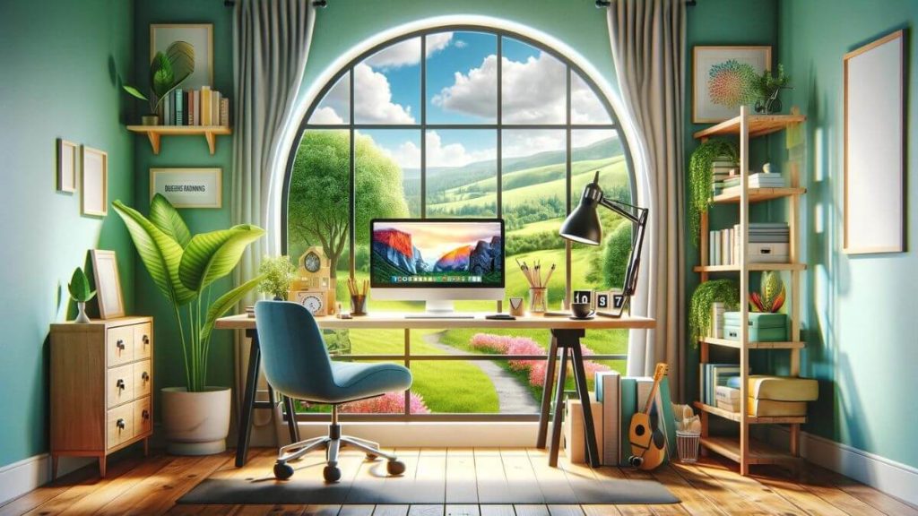 A vibrant home office setup with a large window offering a panoramic view of a lush green landscape. The desk is equipped with a modern computer, a stylish lamp, and a comfortable ergonomic chair. A shelf with books on blogging and digital marketing is visible in the background. A coffee cup sits on the desk, symbolizing a relaxed work environment. The scene embodies the concept of 'blogging as a sustainable career choice', showcasing the freedom and inspiration that comes with it.