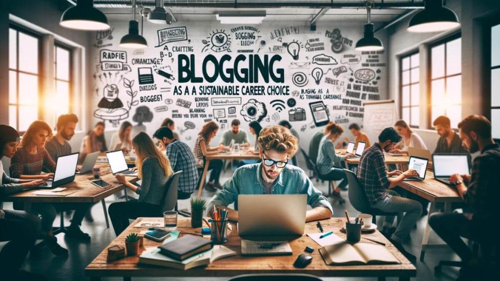A bustling co-working space with diverse individuals deeply engrossed in their laptops, brainstorming and typing. In the foreground, a focused blogger is crafting content, surrounded by notes and inspirational quotes on blogging. A whiteboard in the background reads 'Blogging as a sustainable career choice', highlighting a session or workshop in progress. The environment is dynamic and collaborative, emphasizing the community and network aspect of blogging.