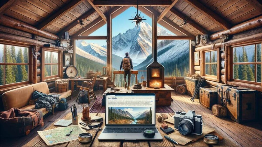 A panoramic mountain cabin retreat with large windows offering breathtaking views of the snow-capped mountains. Inside, a blogger is capturing the essence of adventure and travel blogging, surrounded by maps, compasses, and outdoor gear. A cozy fireplace adds warmth to the scene, and a rustic wooden desk holds a laptop displaying a blog post titled 'Blogging as a Sustainable Career Choice'. This setting symbolizes the fusion of personal passion and professional blogging, amidst nature's grandeur.