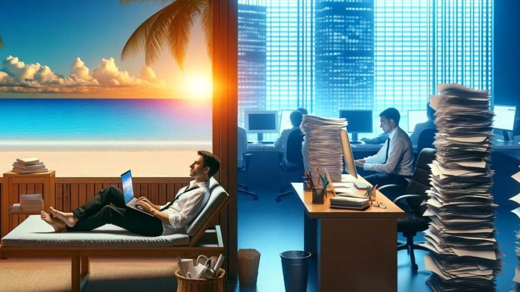 An image depicting a split scene. On the left, a relaxed blogger is working from a serene beachside, typing on a laptop with a calming sea view in the background, symbolizing the low stress levels associated with blogging. On the right, a corporate employee is surrounded by stacks of papers and multiple computer screens in a cramped, fluorescent-lit office, looking overwhelmed, representing the higher stress levels in regular jobs. The contrast highlights the theme 'comparing stress levels: blogging vs regular jobs'.