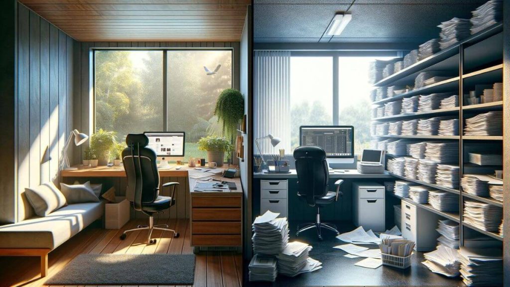 A photorealistic image showing a blogger and an office worker's workspace. On the left, a spacious, well-lit home office with a comfortable chair, a large desk with a laptop, and a window overlooking a garden, suggesting a serene working environment for blogging. On the right, a cramped, cluttered cubicle with stacks of papers, a small monitor, and minimal personal space, indicating the stressful and confined conditions of regular office jobs. This visual encapsulates 'comparing stress levels: blogging vs regular jobs'.