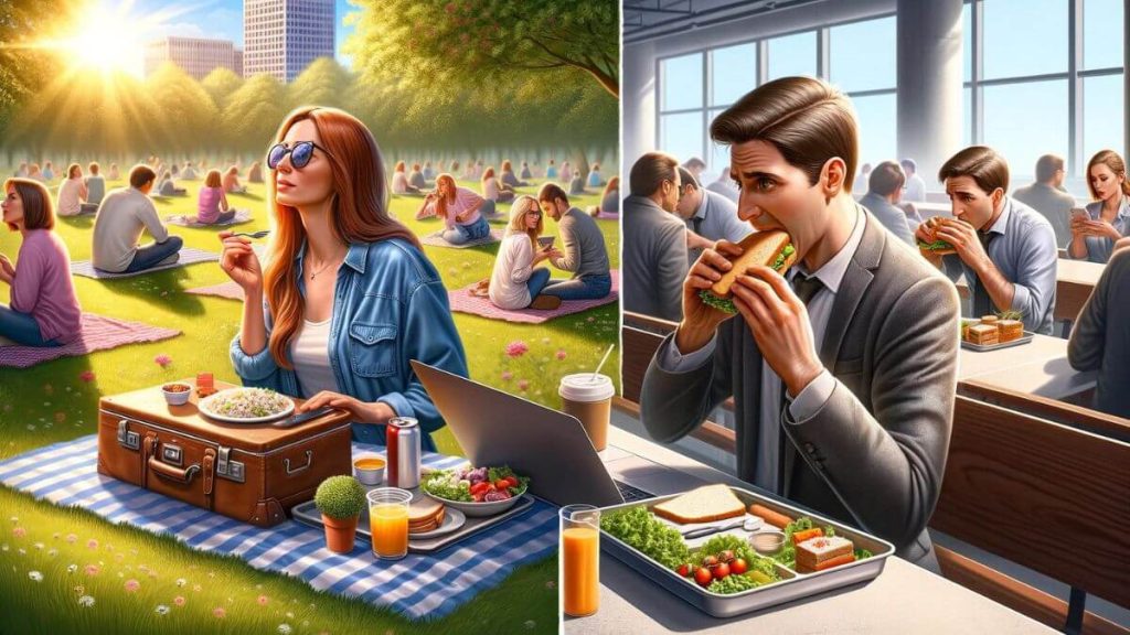 A photorealistic depiction of a blogger and an office worker during their lunch break. On one side, a blogger is pictured having a picnic in a sunny park, surrounded by nature, enjoying a homemade meal and typing leisurely on a laptop. On the other side, an office worker is seen in a crowded, noisy cafeteria, quickly eating a sandwich while checking emails on a phone, with a tense expression, illustrating the contrasting stress levels in 'comparing stress levels: blogging vs regular jobs'.