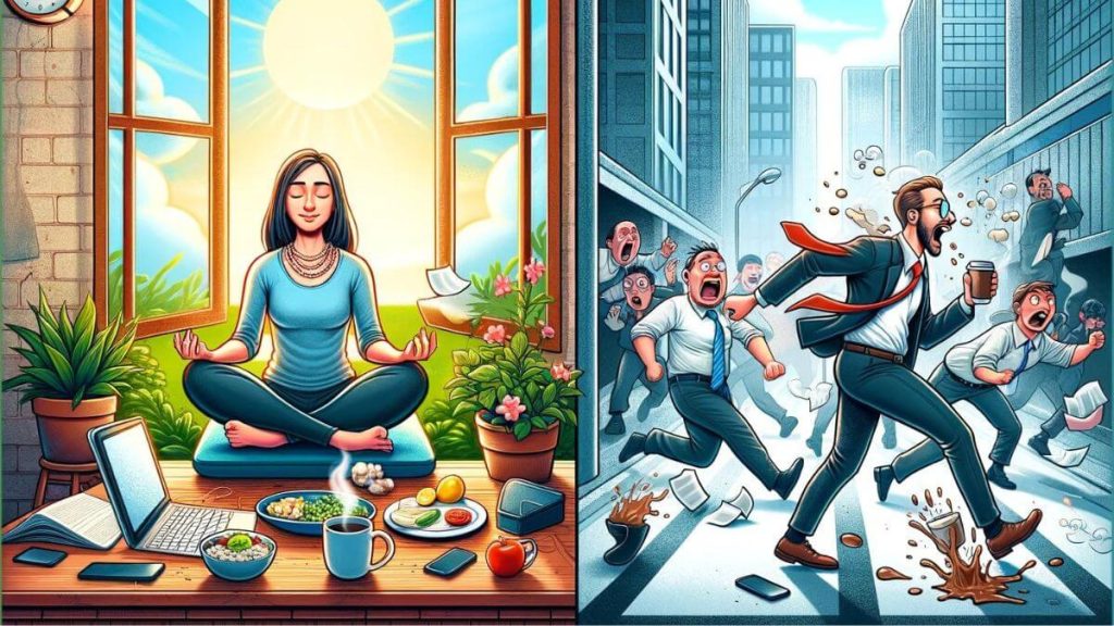 An illustrative contrast showcasing two different morning routines. The left side of the image features a blogger peacefully starting their day with meditation and a healthy breakfast, next to an open window with a view of nature, embodying the serene start typical in blogging. The right side displays a frazzled office worker rushing through their morning, spilling coffee in a crowded, noisy city setting, rushing to beat the clock, illustrating the hectic beginnings often associated with regular jobs. This scene captures 'comparing stress levels: blogging vs regular jobs'.