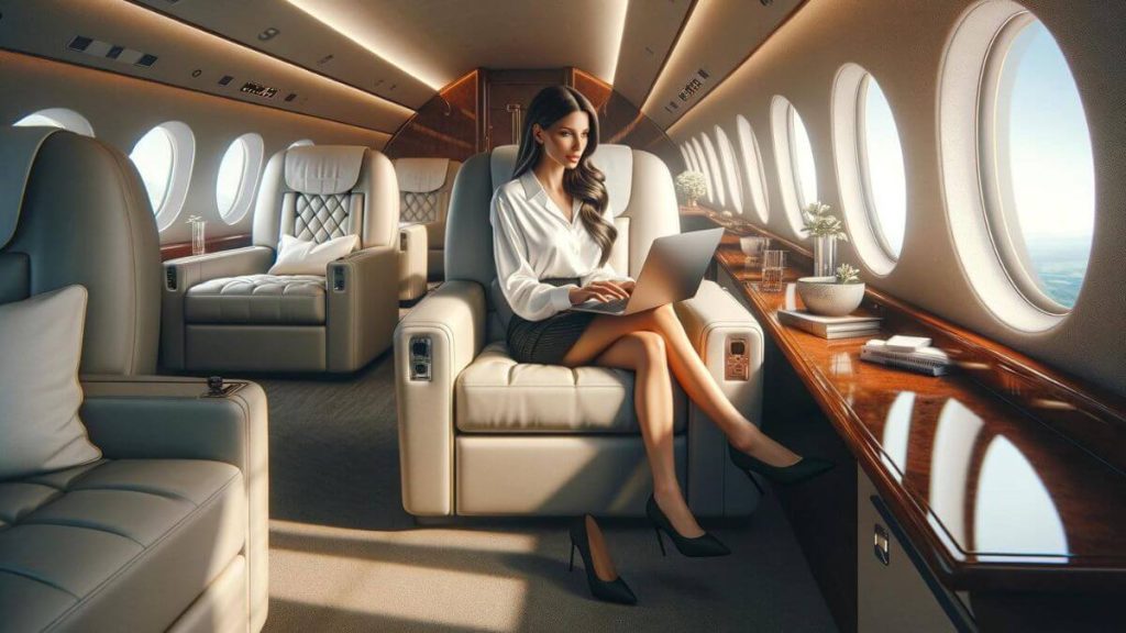 A photorealistic image capturing a woman blogger working on her laptop in the first-class cabin of a private jet, surrounded by luxury and comfort. She looks relaxed and focused, typing away while enjoying the high life, a stark contrast to the traditional office setting. The plush seats, elegant interior, and the view from the jet window highlight the freedom, exclusivity, and global mobility that blogging can offer, defying the limitations of a 9-to-5 job. This image embodies the freedom in blogging versus traditional jobs, showcasing the aspirational lifestyle that successful blogging can achieve.