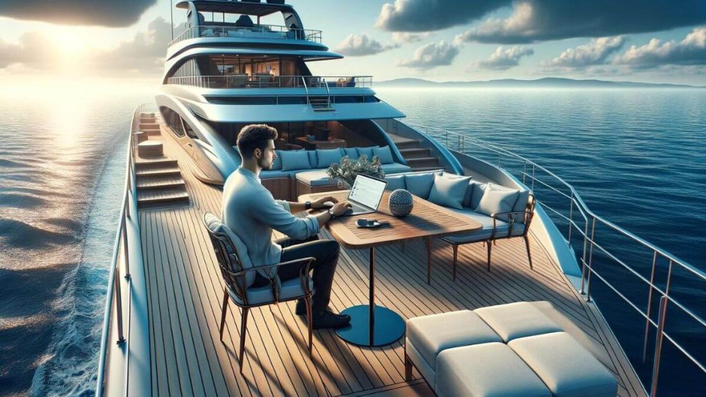 A photorealistic portrayal of a blogger working from a luxurious yacht, with the vast expanse of the ocean surrounding them. The blogger is seated at a stylish outdoor table, focused on their laptop, while enjoying the freedom and lavish lifestyle that blogging affords. The yacht's deck is equipped with high-end amenities, emphasizing the opulence and exclusivity of the setting. This image conveys the ultimate freedom in blogging compared to traditional jobs, where one can work amidst the tranquility and grandeur of the sea, far removed from the confines of a 9-to-5 office.