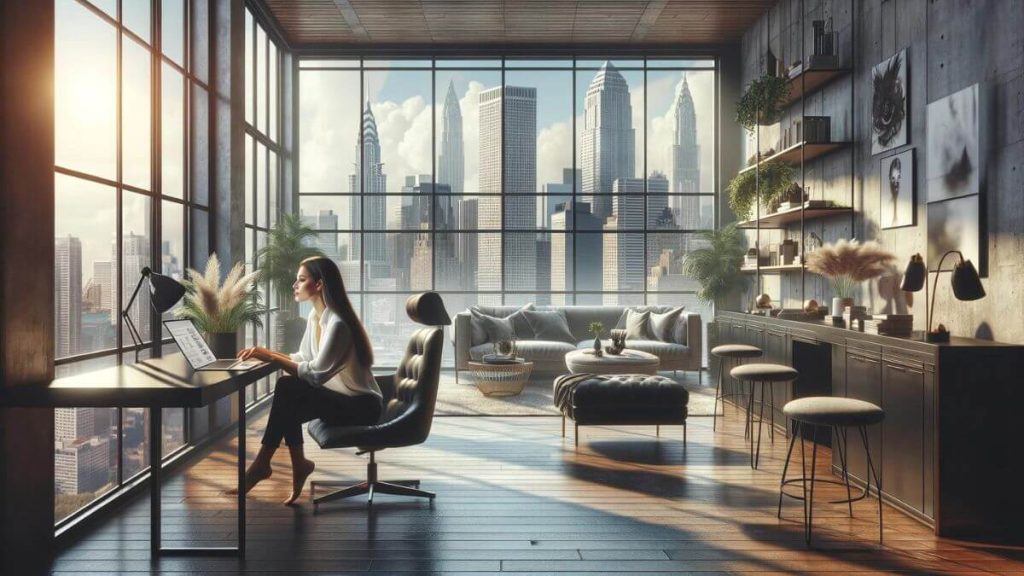 A photorealistic image of a woman blogger working on her laptop in a luxurious and modern city loft with large windows showcasing a stunning skyline view. She's comfortably seated on a stylish sofa, surrounded by contemporary art and lush indoor plants, reflecting the creativity and freedom of her blogging career. The loft's open and airy space contrasts sharply with the cramped and uniform cubicles of traditional office jobs, emphasizing the freedom and elegance that blogging allows. The image captures the essence of 'Freedom in Blogging vs Traditional Jobs', highlighting the independence and style that come with blogging.
