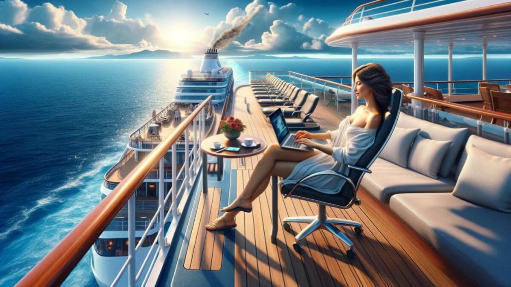 A photorealistic image of a woman blogger enjoying the freedom of working from the deck of a luxurious cruise ship, with the endless ocean and clear blue skies as her backdrop. She is comfortably seated with her laptop, capturing the essence of her travel experiences in her blog. The environment is opulent, with top-notch amenities and a relaxed atmosphere, embodying the freedom and luxury that blogging affords, far removed from the constraints and monotony of traditional 9-to-5 jobs. This scene underscores the freedom in blogging versus traditional jobs, highlighting the unparalleled experiences and work-life balance it offers.