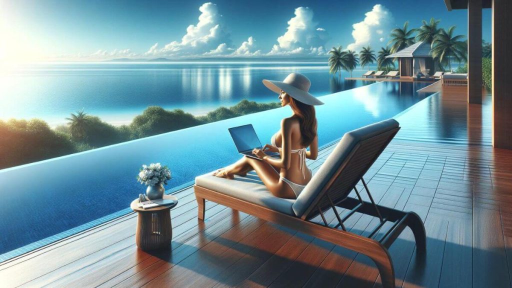 A photorealistic image depicting a woman in a bikini sitting on a lounge chair by an infinity pool, typing on her laptop with a breathtaking ocean view in the background. The setting exudes luxury and tranquility, highlighting the freedom and flexibility of blogging. The clear blue sky and the seamless blend of the pool with the ocean create an idyllic work environment, contrasting sharply with the restrictive atmosphere of traditional office jobs. The woman appears content and focused, enjoying the sun and the beautiful surroundings while working on her blog, showcasing the lifestyle freedom afforded by blogging versus traditional jobs.