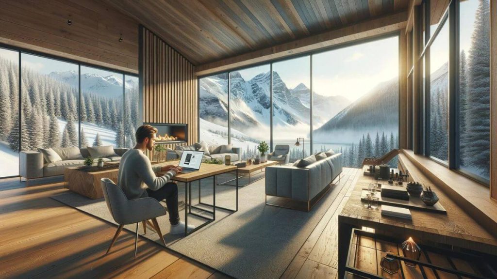 A photorealistic depiction of a blogger working on a laptop in a luxurious mountain cabin, with floor-to-ceiling windows offering a breathtaking view of snow-capped mountains. The environment is cozy and upscale, with a modern fireplace, high-end furnishings, and natural wood and stone elements enhancing the sense of exclusivity and freedom. The blogger looks serene and focused, appreciating the beauty of nature and the luxury of setting their own schedule, far removed from the confines and pressures of a traditional 9-to-5 job. This image encapsulates the essence of freedom in blogging, showcasing how it allows for work in inspiring and opulent settings.