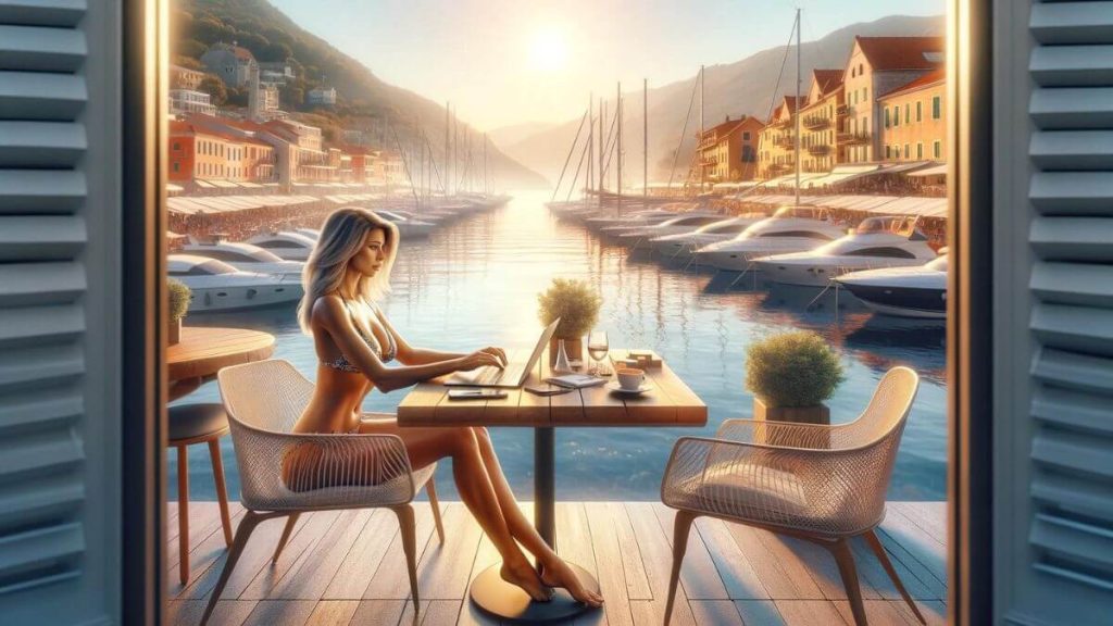 A photorealistic image capturing a woman in a bikini working on her laptop while seated at an outdoor café in a picturesque coastal town. The café overlooks a vibrant marina filled with boats, with the sun setting in the background, creating a warm and inviting atmosphere. This setting epitomizes the freedom and allure of blogging, offering a stark contrast to the dull and repetitive nature of traditional 9-to-5 jobs. The woman appears relaxed and inspired by her surroundings, highlighting the flexibility and joy that blogging brings, allowing for work in the most stunning locations.