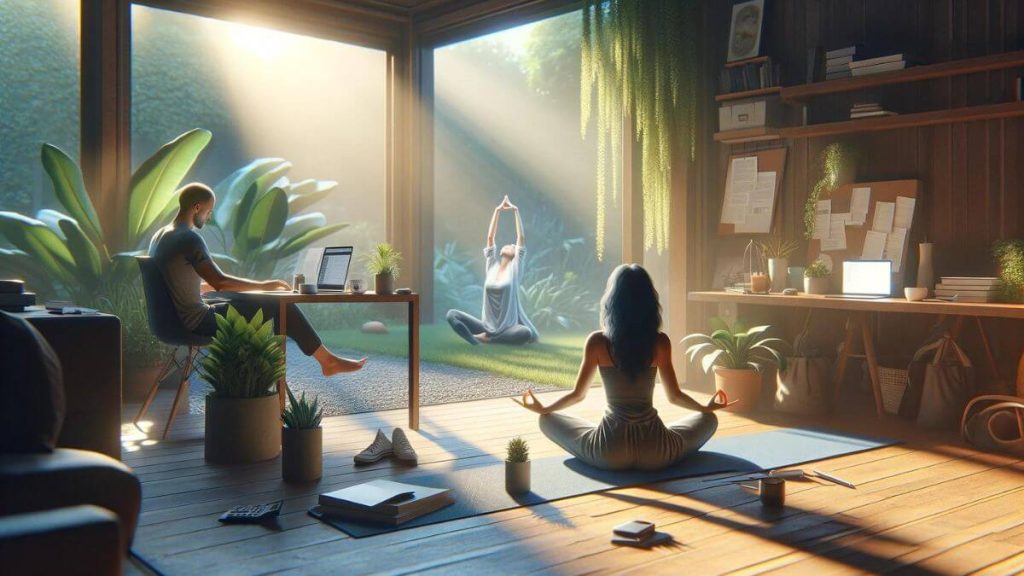 A photorealistic image of a blogger taking a break from work to practice yoga or meditate, embodying the flexibility and self-care that blogging can offer. The setting is peaceful, possibly in a garden or a quiet room with natural light, reflecting the importance of mental and physical well-being in a blogger's life. This scene contrasts with the high-stress environments of traditional jobs, highlighting the keyword 'Is Blogging a More Fulfilling Job' to emphasize the balanced lifestyle and focus on well-being that blogging supports. The style should continue the series' emphasis on the fulfilling aspects of blogging, showcasing the personal freedom and health benefits it provides.