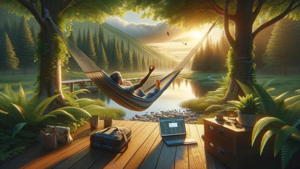 A photorealistic image of a blogger relaxing in a hammock with their laptop, surrounded by nature, exemplifying the ultimate work-life balance that blogging can offer. The setting is tranquil and idyllic, with the blogger appearing at ease and content, showcasing the flexibility to work in any setting. This scene contrasts sharply with the confining and stressful environment of traditional office jobs, highlighting the keyword 'Is Blogging a More Fulfilling Job' to emphasize the emotional and financial fulfillment blogging brings, along with the freedom to blend work and relaxation seamlessly. The style should capture the serenity and satisfaction of the blogging lifestyle.