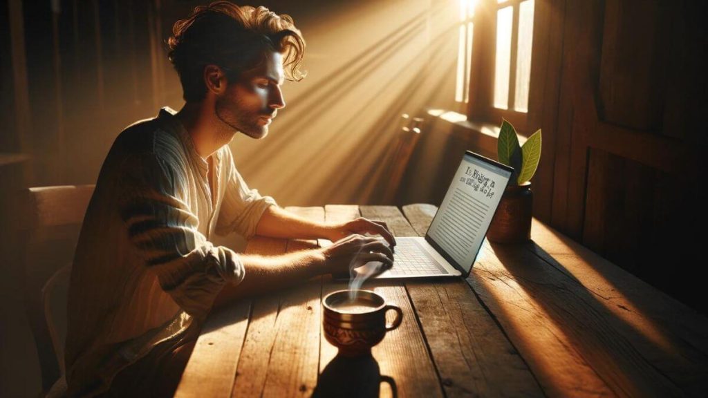 A serene and content blogger is seated at a rustic wooden desk, immersed in typing a new post on a sleek, modern laptop. The golden hour sunlight streams through a nearby window, casting a warm, inviting glow over the scene. On the desk, beside the laptop, sits a steaming cup of coffee in an artisanal mug, symbolizing the comfort and ritual of the blogging process. The blogger's posture and facial expression exude a sense of deep fulfillment and satisfaction, reflecting the emotional and financial rewards that blogging has brought into their life. The scene encapsulates the essence of 'Is Blogging a More Fulfilling Job', showcasing the personal and professional gratification that comes from sharing one's thoughts and experiences with the world.