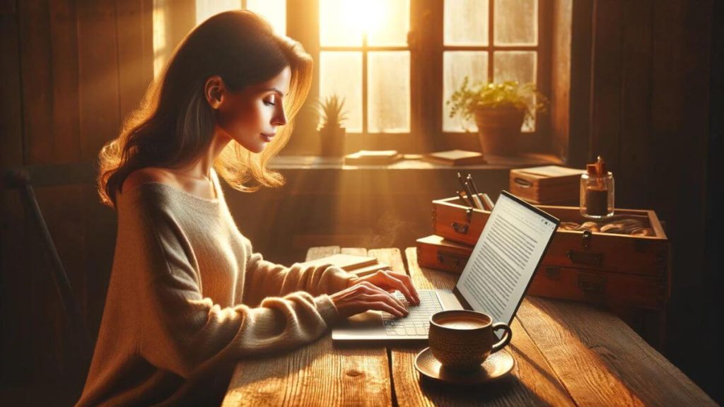 A serene and content female blogger is seated at a rustic wooden desk, immersed in typing a new post on a sleek, modern laptop. The golden hour sunlight streams through a nearby window, casting a warm, inviting glow over the scene. On the desk, beside the laptop, sits a steaming cup of coffee in an artisanal mug, symbolizing the comfort and ritual of the blogging process. The blogger's posture and facial expression exude a sense of deep fulfillment and satisfaction, reflecting the emotional and financial rewards that blogging has brought into her life. The scene encapsulates the essence of 'Is Blogging a More Fulfilling Job', showcasing the personal and professional gratification that comes from sharing one's thoughts and experiences with the world.