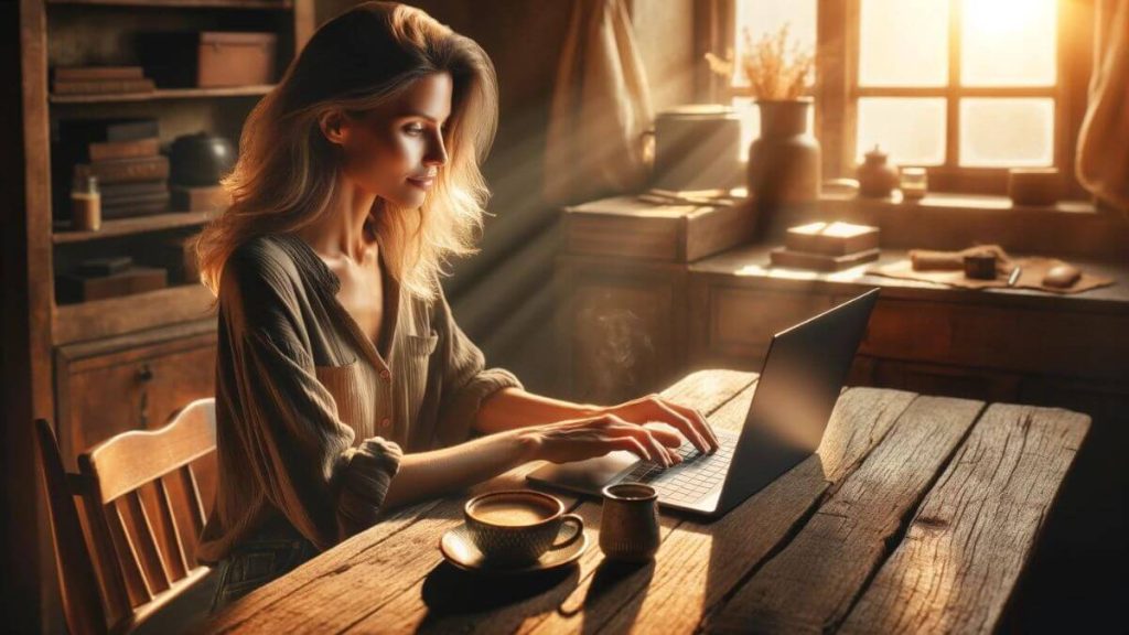 A serene and content blonde female blogger is seated at a rustic wooden desk, immersed in typing a new post on a sleek, modern laptop. The golden hour sunlight streams through a nearby window, casting a warm, inviting glow over the scene. On the desk, beside the laptop, sits a steaming cup of coffee in an artisanal mug, symbolizing the comfort and ritual of the blogging process. The blogger's posture and facial expression exude a sense of deep fulfillment and satisfaction, reflecting the emotional and financial rewards that blogging has brought into her life. The scene encapsulates the essence of 'Is Blogging a More Fulfilling Job', showcasing the personal and professional gratification that comes from sharing one's thoughts and experiences with the world.