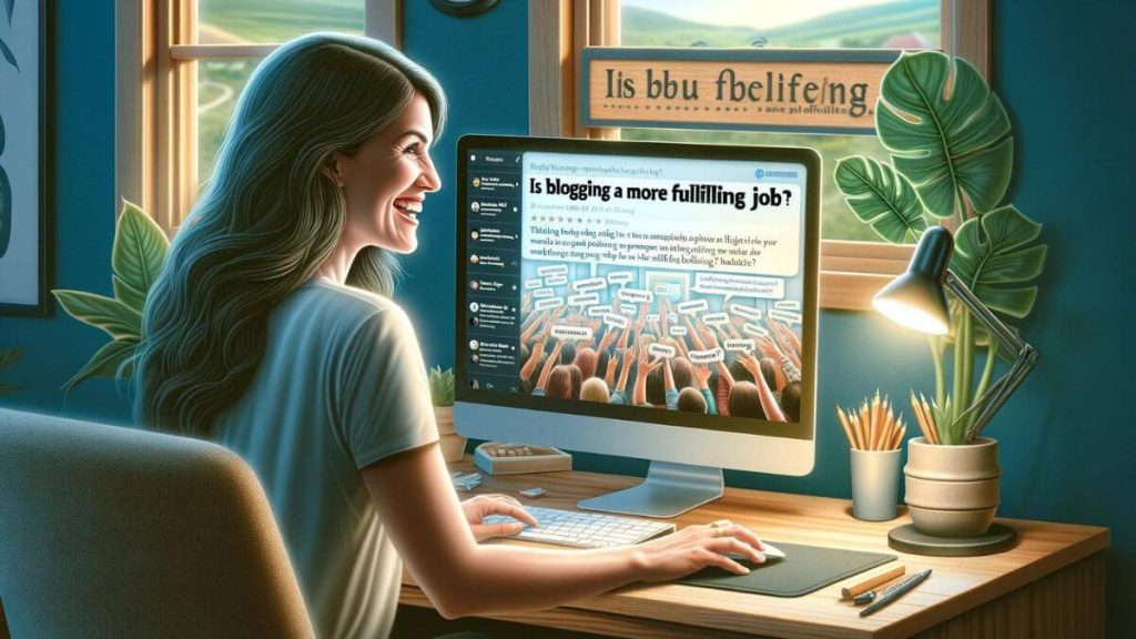 A photorealistic image of a blogger reviewing feedback and comments from readers on their blog, smiling at the positive interaction. The scene is set in a comfortable home office, with the blogger's computer screen displaying a lively comment section full of engagement. This image highlights the rewarding experience of connecting with an audience and the positive reinforcement that blogging can offer. The keyword 'Is Blogging a More Fulfilling Job' should be subtly included, emphasizing the satisfaction derived from direct reader engagement, in contrast to the often impersonal nature of traditional jobs. The style should keep consistent with the series, focusing on the joy and fulfillment of blogging.
