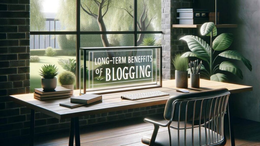 A serene home office setup with a large window overlooking a peaceful garden, symbolizing the calm and flexible work environment of blogging. The keyword 'Long-Term Benefits of Blogging' is subtly integrated into the decor, perhaps etched on a stylish glass frame on the desk, contrasting with the rigid cubicle setting of regular employment.