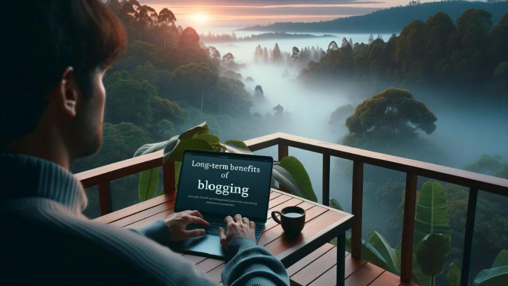 A peaceful early morning scene of a blogger writing on a balcony, overlooking a misty forest. This image conveys the serene work environment and connection with nature that blogging can offer, contrasting with the often artificial and confined spaces of regular employment. The keyword 'Long-Term Benefits of Blogging' is subtly included in the corner of the laptop screen.