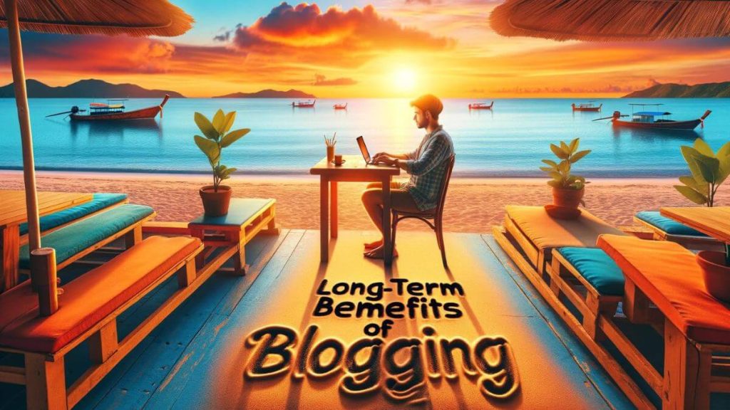 A vibrant digital nomad lifestyle scene, featuring a blogger working on a laptop at a beachside café, with a beautiful sunset in the background. This image highlights the lifestyle flexibility and global work opportunities blogging offers, in stark contrast to the confined office spaces of regular employment. The keyword 'Long-Term Benefits of Blogging' is artistically written in the sand near the blogger's feet.