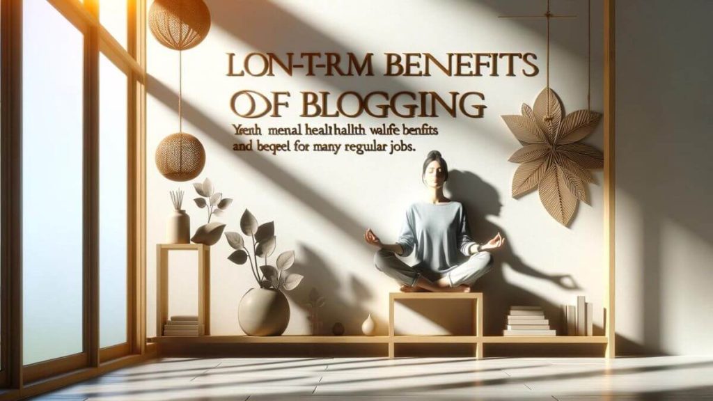 A serene scene of a blogger meditating in a minimalist, sunlit room, symbolizing the mental health benefits and work-life balance that blogging can offer. This contrasts with the stressful and fast-paced environment of many regular jobs. The keyword 'Long-Term Benefits of Blogging' is subtly incorporated into the serene decor, perhaps etched onto a decorative piece on the shelf.