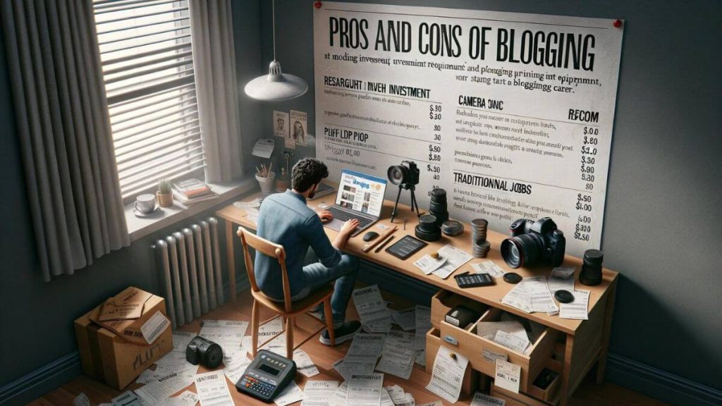 A photorealistic image illustrating the financial investment required to start blogging, showing a blogger researching and purchasing equipment like a high-end laptop, camera, and other blogging tools. The scene is set in a home office, with receipts and price tags visible, highlighting the initial costs associated with setting up a blogging career. The image should reflect the con of needing upfront investment for blogging, contrasting with traditional jobs where equipment is typically provided. Include the keyword 'Pros and Cons of Blogging vs Traditional Work' to emphasize the financial considerations of starting a blogging career. The style should remain consistent, focusing on the detailed aspects of blogging and traditional work.