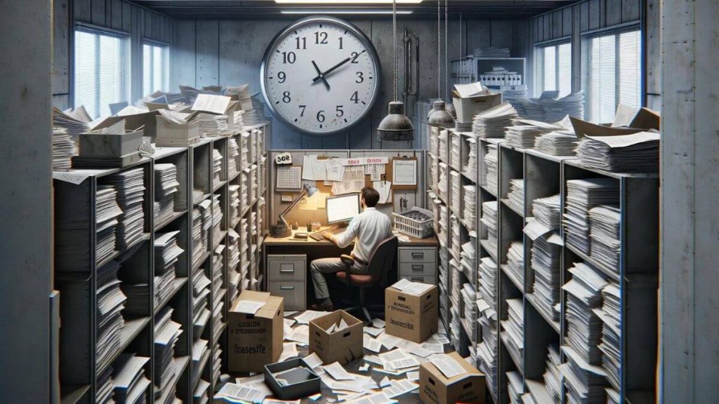 A photorealistic image illustrating the monotony and confinement of traditional office work, showing an employee in a cramped, cluttered cubicle, surrounded by stacks of paperwork and a ticking clock. The atmosphere is dull and colorless, symbolizing the lack of freedom and creativity in traditional jobs. This scene emphasizes the con of traditional work: the dreary and repetitive nature of office life. The keyword 'Pros and Cons of Blogging vs Traditional Work' should be included to contrast the dread of traditional employment with the liberating aspects of blogging. The style should remain consistent, highlighting the stark differences between the two work modes.