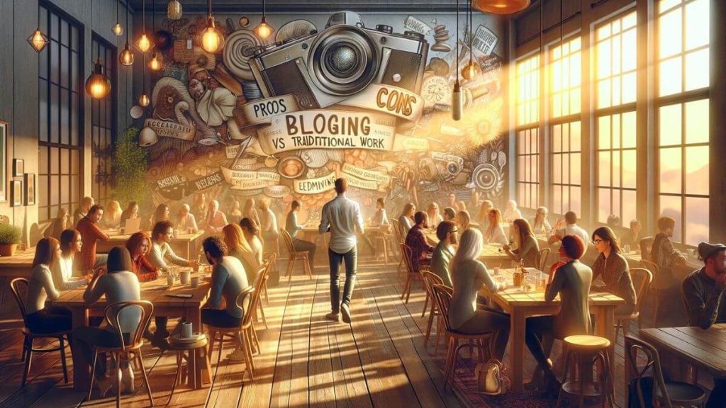 A photorealistic image of a blogger attending a cozy, informal meeting in a sunlit, artsy coffee shop, surrounded by like-minded creatives. This scene represents the collaborative and social aspect of blogging, where connections are often made in relaxed, inspiring settings. The environment is filled with warm tones, soft lighting, and artistic decor, conveying a sense of community and shared passion. 'Pros and Cons of Blogging vs Traditional Work' is elegantly woven into the fabric of the image, ensuring visual and thematic coherence with the rest of the series, and emphasizing the personal connections and community unique to the blogging lifestyle.