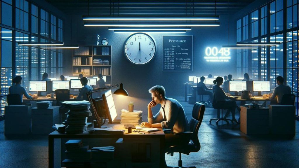 A photorealistic image illustrating the pressure of constant productivity in traditional jobs, showing an office at night with a single employee still working overtime. The scene conveys the expectation of long hours and the stress of meeting deadlines, with the glow of the computer screen illuminating the tired face of the worker. This image contrasts the work-life balance in blogging, highlighting the keyword 'Pros and Cons of Blogging vs Traditional Work' to emphasize the downsides of the traditional work environment. The style should be consistent with the series, focusing on the stark differences in work culture between blogging and traditional jobs.