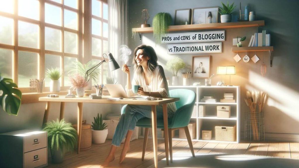 A photorealistic image of a content and happy blogger enjoying a cup of coffee while working on their latest post in a bright, airy home office. The setting is comfortable and personalized, with elements that reflect the blogger's style and interests, embodying the satisfaction and joy found in blogging. The scene should exude a sense of contentment and inspiration, with natural light streaming in, adding to the serene atmosphere. The keyword 'Pros and Cons of Blogging vs Traditional Work' should be subtly integrated, emphasizing the positive, fulfilling aspects of blogging and the personal freedom it offers compared to the constraints of traditional jobs. The style should remain consistent, focusing on the happiness and comfort associated with blogging.