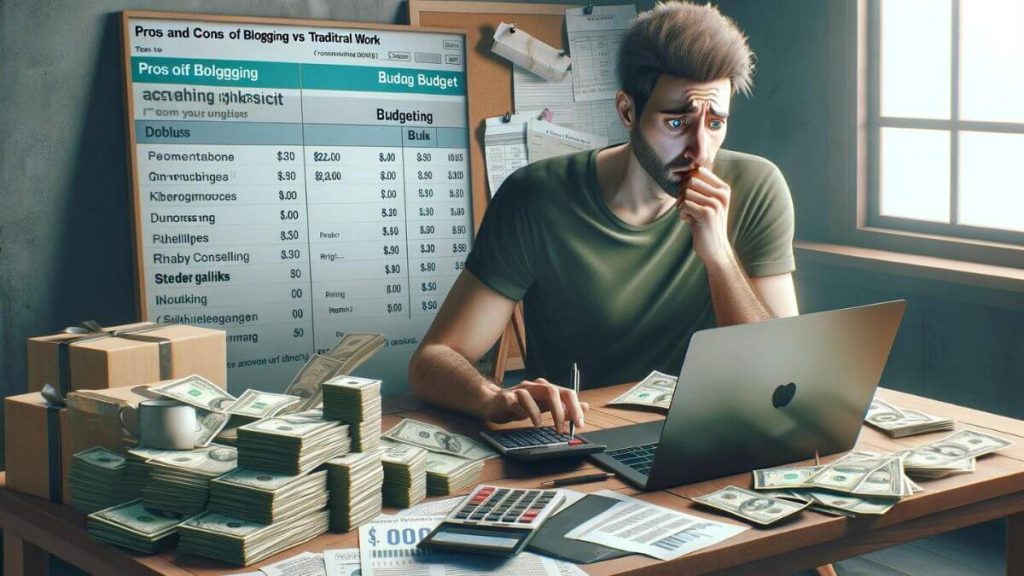A photorealistic image depicting the uncertainty and financial instability often associated with the early stages of a blogging career. Show a blogger reviewing their finances, with a laptop open to a budgeting spreadsheet and a concerned expression on their face. The scene should include elements like unpaid bills or a tight budget, highlighting the con of potential financial insecurity in blogging. The keyword 'Pros and Cons of Blogging vs Traditional Work' should be integrated to contrast the financial risks of blogging with the steady income of traditional employment. The style should remain consistent, focusing on the realistic challenges faced by bloggers.