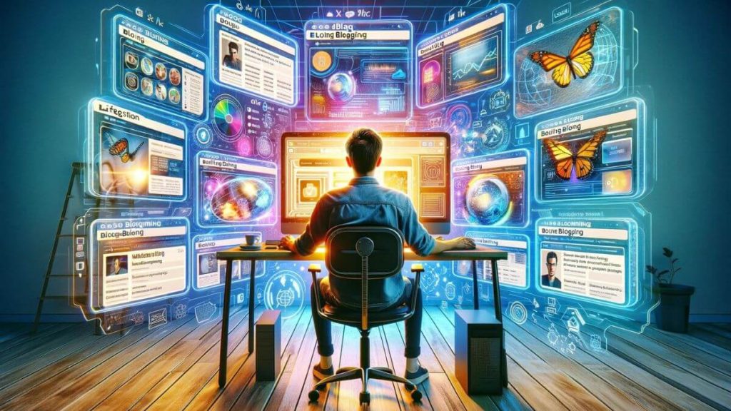 A visual depiction of a man sitting in a vibrant, modern workspace, surrounded by digital screens displaying the dashboards of his various blogs. Each blog reflects a unique aspect of his personal interests and expertise, ranging from technology to lifestyle. He is using a state-of-the-art blogging tool that enables him to seamlessly switch between blogs, update content, and monitor engagement. The workspace is designed for efficiency, with everything within arm's reach, allowing him to maintain a high level of productivity. The focus is on the man's interaction with the technology, emphasizing the personal investment and joy he finds in sharing his passions through blogging.