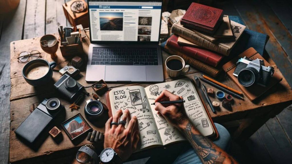 An image capturing a moment of inspiration as a man sketches out ideas for his blogs in a notebook, with a laptop open beside him showing a blogging platform. The setting is casual yet creative, with a cup of coffee and various inspirational items scattered around, including books, a camera, and travel souvenirs. Each item hints at the themes of his blogs, from travel and photography to literature and lifestyle. The scene is intimate and personal, highlighting the man's hands-on approach to content creation and his passion for sharing diverse experiences through his multiple blogs.